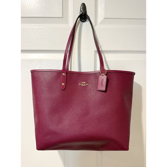 Coach Reversible City Tote Party Cat Print Maroon Berry Canvas Large Classic - Picture 6 of 16